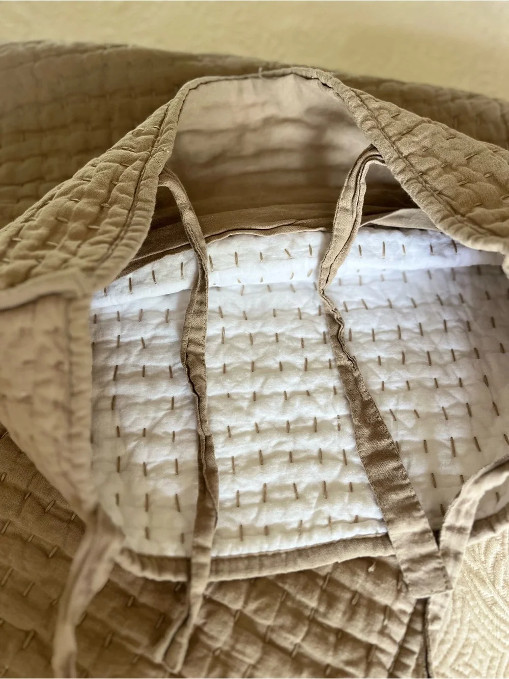 NWOT Pottery Barn PickStitch Cotton Linen Quilted Sham King Flax Beige Tie 20x36